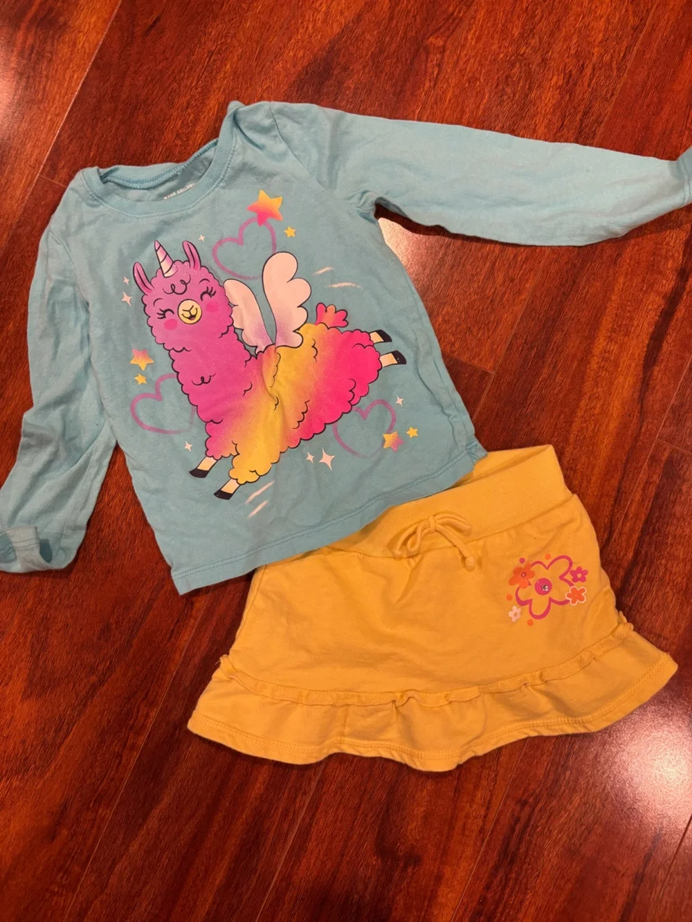 The Children's Place Light Blue Unicorn-Llama Top with Yellow Skirt